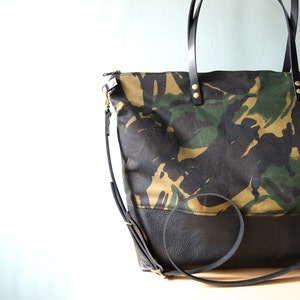 Camo Tote Bag / Diaper Bag - Unisex Camo Waxed Canvas and leather Crossbody Bag - SKYE - Large Camouflage stylish LEATHER base Zip Tote