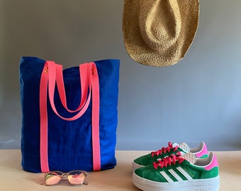 Vegan Cobalt Blue Linen Shoulder Bag with Neon Pink Straps - A Minimalist Everyday Essential tote with Ample Storage handmade by HOLMgoods