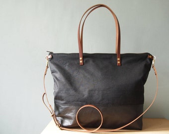 BEST SELLER  - SKYE - Waxed canvas and leather work tote bag Unisex . Ideal overnight bag large enough for laptop