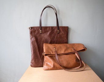 Large Leather tote bag lined with secure zip pocket and convertable cross body strap ,  Saddle Tan colour leather purse by Holm goods