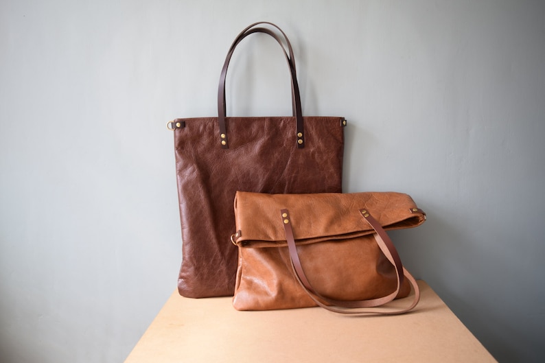 Large Leather tote bag lined with secure zip pocket and convertable cross body strap , Saddle Tan colour leather purse by Holm goods image 1