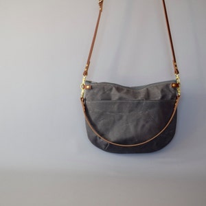 Grey Waxed Canvas Cross Body Bag - NEVIS - Medium Standard size - Exterior Pocket Adjustable Leather Shoulder Strap Day Purse by Holm