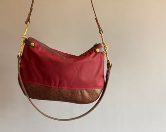Red Waxed Canvas Crossbody Bag - ISLA handy Medium Shoulder Purse - Brown Leather Base Adjustable Strap - Minimalist Style by HOLM goods
