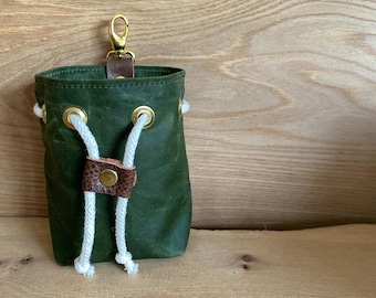 Waxed Canvas Dog Puppy Treat Pouch: Green Training Bag with choice of Clip or D ring and brown leather details
