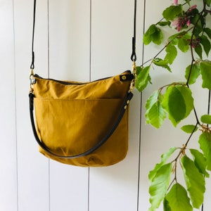 Mellow Yellow Canvas Cross Body Bag - NEVIS - Standard size - Exterior Pocket Adjustable Leather Shoulder Strap Day Purse by Holm