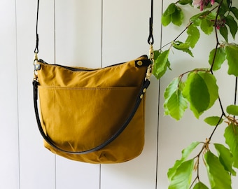 Mellow Yellow Canvas Cross Body Bag - NEVIS - Standard size - Exterior Pocket Adjustable Leather Shoulder Strap Day Purse by Holm