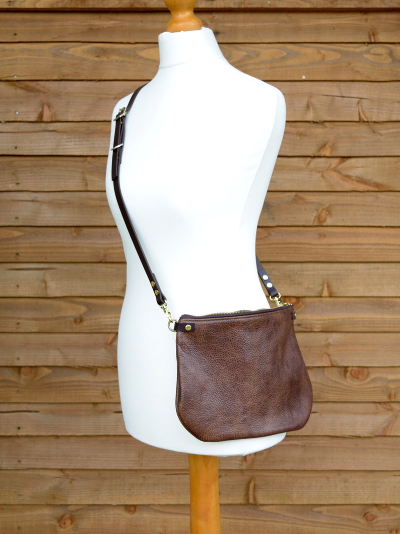 minimalist leather crossbody DAY bag ISLA Walnut Brown adjustable leather strap shoulder purse optional leather tassel by holm goods image 4