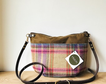 Tan Brown Tweed and Waxed  Canvas Crossbody Bag - NEVIS - Plaid Tartan - Exterior Pocket Adjustable Leather Shoulder Strap Day Purse by Holm