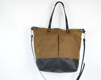 Baby Diaper Bag  -  LEWIS - Waterproof Waxed CANVAS top and LEATHER base carry all Zip Tote Everyday Market Bag