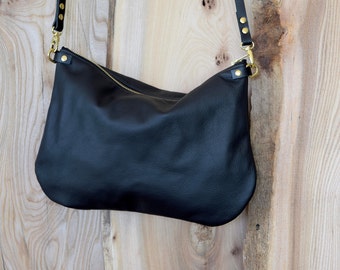 minimalist leather crossbody bag - ISLA DAY BAG - Ebony Black  adjustable black leather strap - optional matching leather tassel