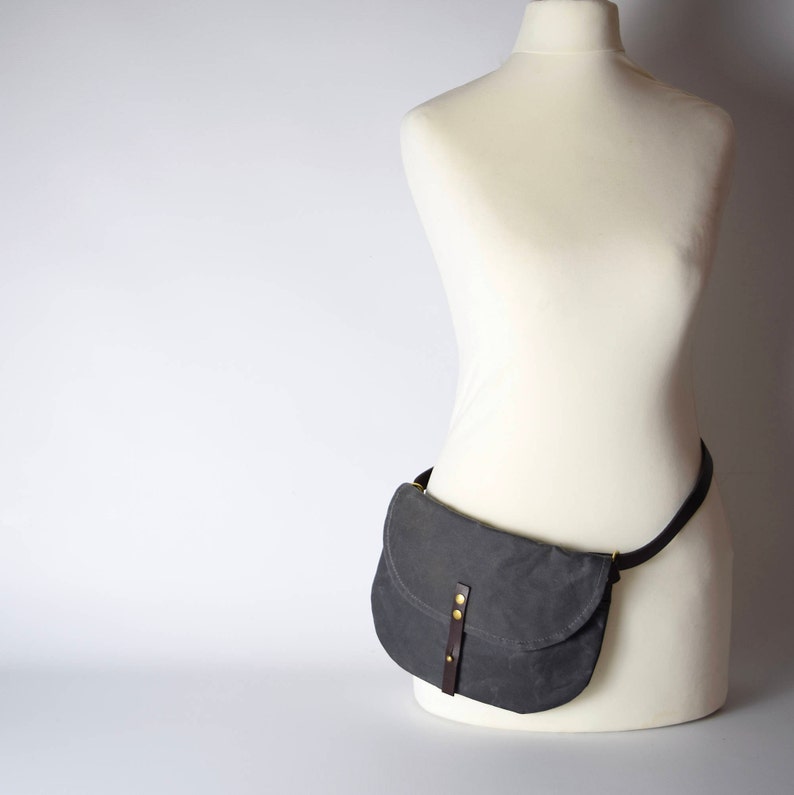 Grey waxed canvas Hip bag / Waist Bag / Belt Bag / Waterproof Bag / Festival Bag / adjustable leather strap / optional cross body strap image 5