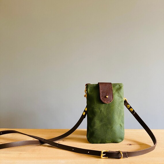 Mini Cell Phone Bag Purse Mobile Phone Purse COLL With Adjustable Leather Strap in Green Waxed Canvas Made by Holmgoods Etsy
