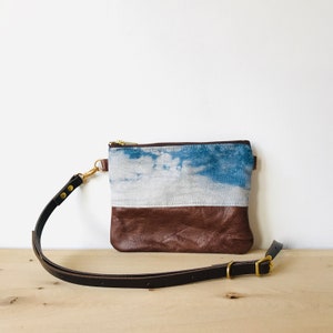 Mini Crossbody bag Leather and linen zipped Purse Indigo dye shibori  LITTLE FLOTTA Lightweight Adjustable Shoulder Travel Purse HOLMgoods