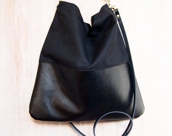 Black Leather and Black Canvas Tote Bag - HARRIS - Adjustable Leather Shoulder Bag optional zipper Leather Shopper Bag by HOLM goods