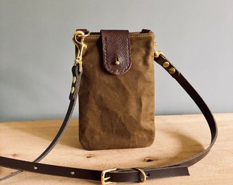 Crossbody cell phone purse mobile phone bag - COLL - with adjustable leather strap in Tan waxed canvas made by HOLMgoods