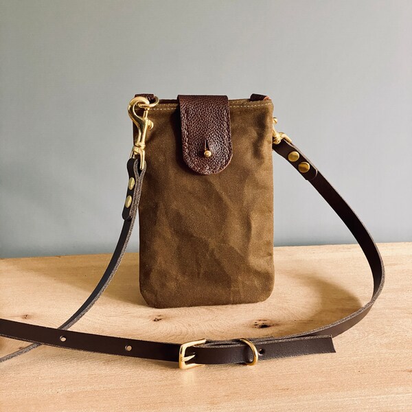 Crossbody cell phone purse mobile phone bag - COLL - with adjustable leather strap in Tan waxed canvas made by HOLMgoods