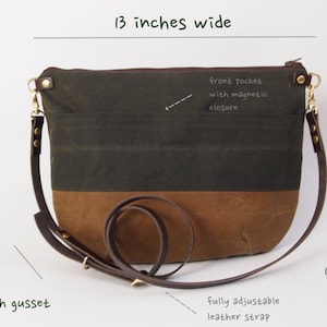 Waxed Canvas Cross Body Bag - NEVIS -  Zip Top Forest Green and Tan Adjustable Leather Shoulder Bag Leather Shopper Bag by Holm
