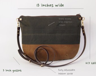 Waxed Canvas Cross Body Bag - NEVIS -  Zip Top Forest Green and Tan Adjustable Leather Shoulder Bag Leather Shopper Bag by Holm