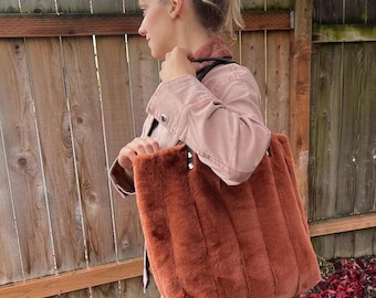 Tote Bag - Chestnut Brown Faux Fur with Leather Straps