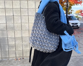 Tote Bag - Gray Quilted Bubble with Leather Straps