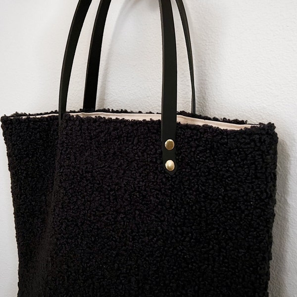 Tote Bag - Black Sherpa with Leather Straps