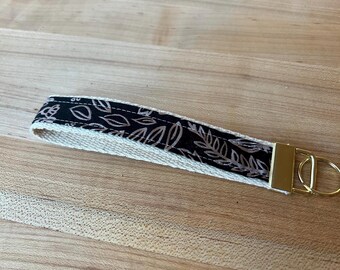 Wristlet Keychain - Black Floral Print - Handmade