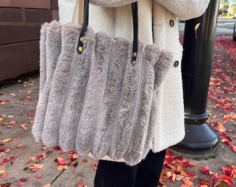 Tote Bag - Gray Faux Fur with Leather Straps