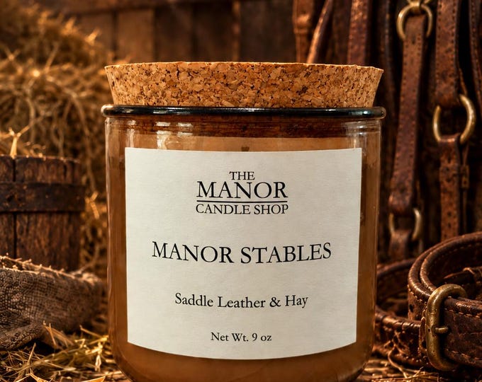Manor Stables Candle – Saddle Leather & Hay Scent.