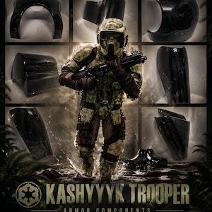 May include: Kashyyyk Trooper armor components, including a helmet and various black ABS plastic pieces. The image features a soldier in camouflage armor, holding a weapon, with the text "BUILT FOR THE WOOKIES. FORGED FOR VICTORY."