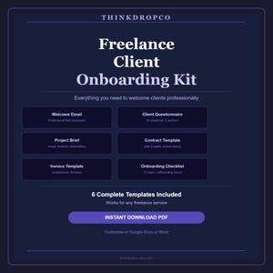 May include: A dark blue graphic with the text "Freelance Client Onboarding Kit." It includes templates for welcome emails, client questionnaires, project briefs, contract templates, invoice templates, and onboarding checklists. The kit is designed for freelance services and is available as an instant download PDF.