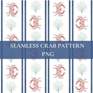 Può includere: Design a motivo di granchio senza cuciture. Il motivo presenta granchi rossi e forme simili a coralli verde chiaro su sfondo bianco. Strisce verticali blu navy separano gli elementi di granchio e corallo. Viene visualizzato il testo "SEAMLESS CRAB PATTERN PNG".