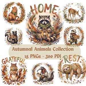 Può includere: Una collezione digitale di 15 file PNG intitolata Autumnal Animals Collection, con illustrazioni ad acquerello di un procione, capibara, cervo, puzzola, tasso, scoiattolo, formichiere e bradipo circondati da foglie autunnali.