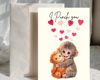 Tarjeta de amor digital de mono de 5 x 7 pulgadas – “Te golpeo (te amo)” – Divertida tarjeta romántica imprimible – Tarjeta de San Valentín con animales