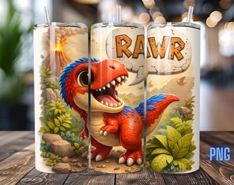 T Rex Dinosaur Tumbler Wrap, Roaring Volcano Scene (Digital Download)