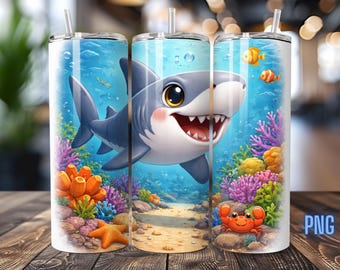 White Shark Tumbler Wrap, Underwater Scene PNG (Digital Download)