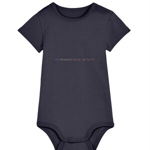 May include: Navy blue baby bodysuit with short sleeves. The text "fmt.Println("Hello, World!")" is printed on the front in a colourful font. The bodysuit has snap closures at the bottom and a button closure at the shoulder.