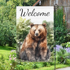 Welcome Sitting Bear in Woods 12x18 Garden Flag Sublimation Design, Digital Download, Sublimation Graphics PNG bear PNG