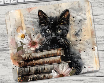 Black Kitten Cat W Books Mouse Pad Sublimation Design, Mouse Pad Sublimation, Square Mouse Pad, Template, Digital Mouse Pad PNG, Tumbler