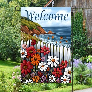 Ocean Cliff Flower Folk Art  Welcome 12x18 Garden Flag Sublimation Design Digital Download, Sublimation Graphics PNG