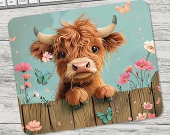 Cute Highland Cow on Fence With Flowers Butterflies Digital Download Mouse Pad Mouse Pad Template Digital Mouse Pad PNG Sublimation PNG