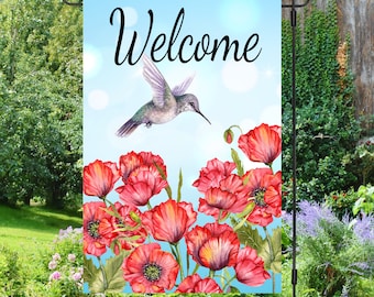 Willkommen rote Mohnfeld Kolibri Blume 12x18 Garten Flagge Sublimation Design, digitaler Download, Sublimations Grafiken PNG Blume PNG