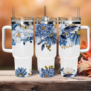Blue Flower 40 oz Tumbler Wrap Sublimation Design Template Instant Digital Download PNG Tumbler Design Floral Tumbler Wrap