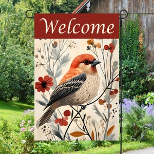 House Finch Bird with Flowers Folk Art Welcome 12x18 Garden Flag Sublimation Design Digital Download, Sublimation Graphics PNG