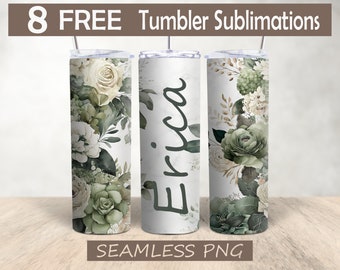 Add Your Own Name Rose Sage Green White Flower Seamless Sublimation Design Template Digital Design Download PNG 20 oz Skinny Tumbler Wrap