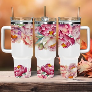 Pink Peony Flower 40 oz Tumbler Wrap Sublimation Design Template Instant Digital Download PNG Tumbler Design Floral Tumbler Wrap
