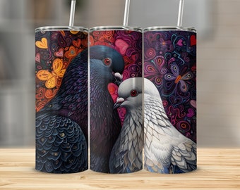 Pidgeon Love With Hearts Skinny Tumbler Sublimation Template Instant Digital Design Download PNG 20 oz Skinny Tumbler Wrap