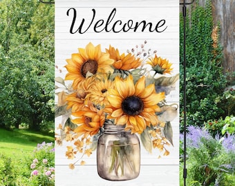 Welcome Sunflower Glass Jar Flower Floral Bouquet  12x18 Garden Flag Sublimation Design, Digital Download, Sublimation Graphics PNG