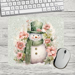 Snowman in Winter Green Oin Flowers Mouse Pad Sublimation Square Round Mouse Pad Template Digital Mouse Pad PNG Sublimation Mouse Pad PNG
