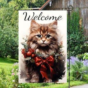 Christmas Cat With Wreath and Bow Welcome Flag 12x18 Garden Flag Sublimation Design, Digital Download, Sublimation Graphics PNG