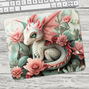 Adorable dragón rosa y blanco con flores Mouse Pad Sublimación Mouse Pad Plantilla Digital Mouse Pad PNG Sublimación Mouse Pad PNG